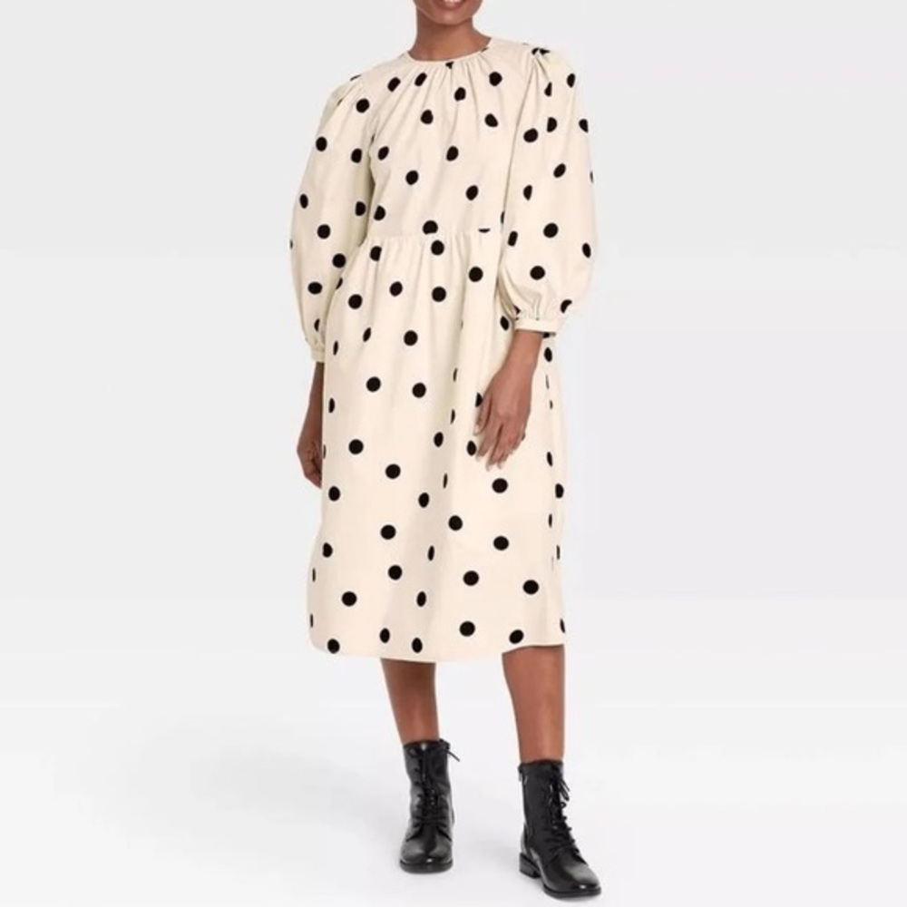 (L)- Who What Wear Women's Polka Dot Balloon Long Sleeve Tie-Back Dress‎